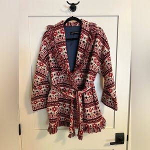 Zara Red Multicolored Fringed Boho Knit Belted Jacket Coat Size M
